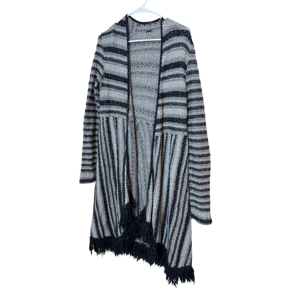 Free People Sweater Cardigan Womens Medium Gray Striped Fringe Open Knit Boho